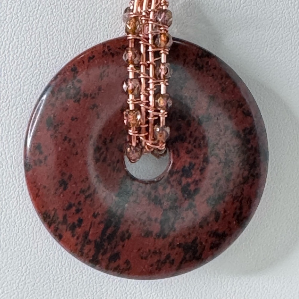 Hand Crafted Mahogany Jasper Wire Wrapped Focal Necklace with Beads 24” 45mm NWT